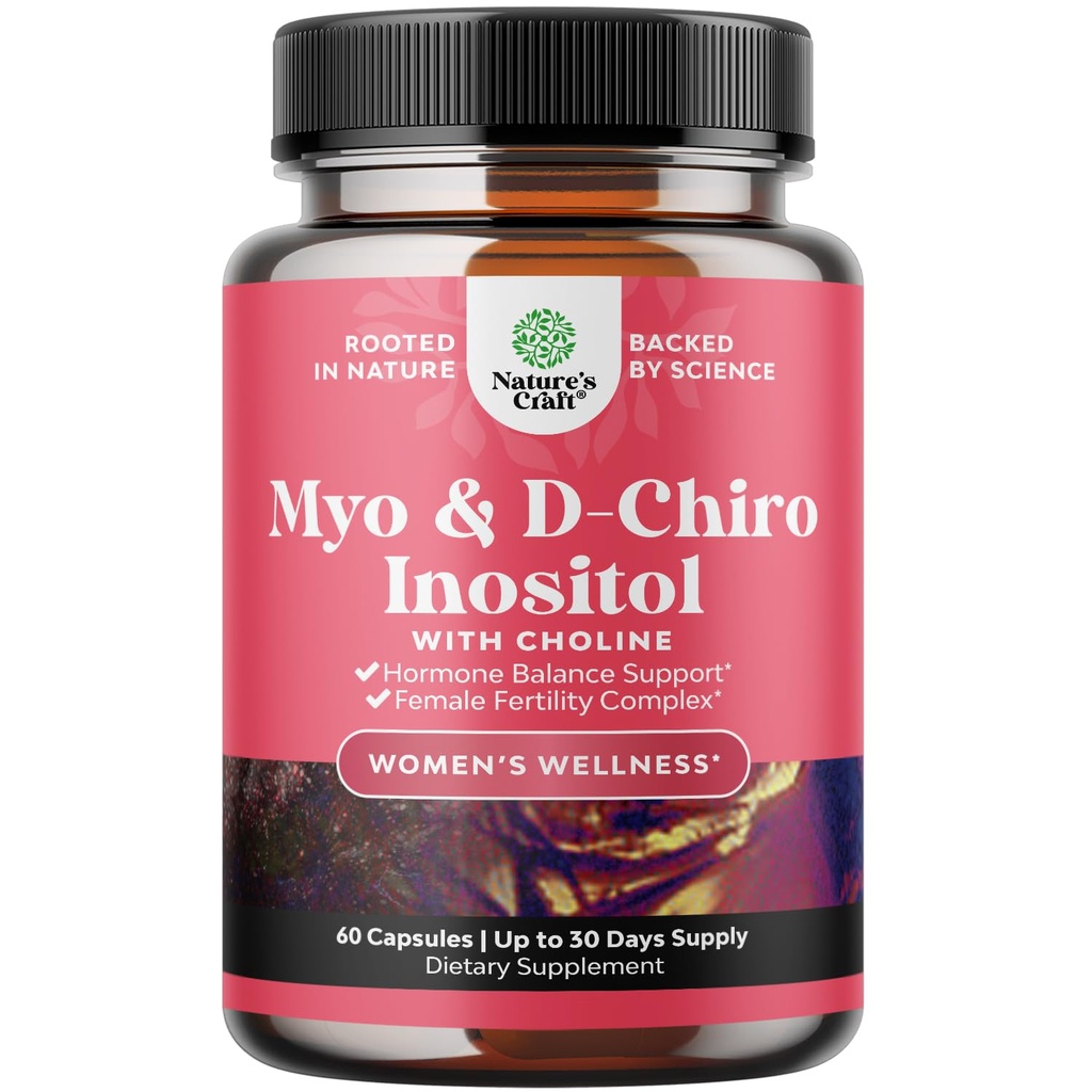 Myo-Inositol & D-Chiro Inositol Supplement för kvinnor - Choline Supplement för att reglera menstruationscykel, fertilitet och hormonbalans - Kvinnohormonbalanskapslar med Myo & D-Chiro - 60 kapslar