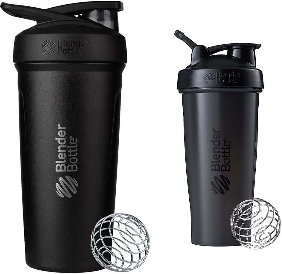 BlenderBottle Strada Shaker Cup isolerad rostfritt stål vattenflaska med Wire Whisk, 24-Ounce, Black & Classic Shaker flaska Perfekt för Protein Shakes och Pre Workout, 28-Ounce, Black