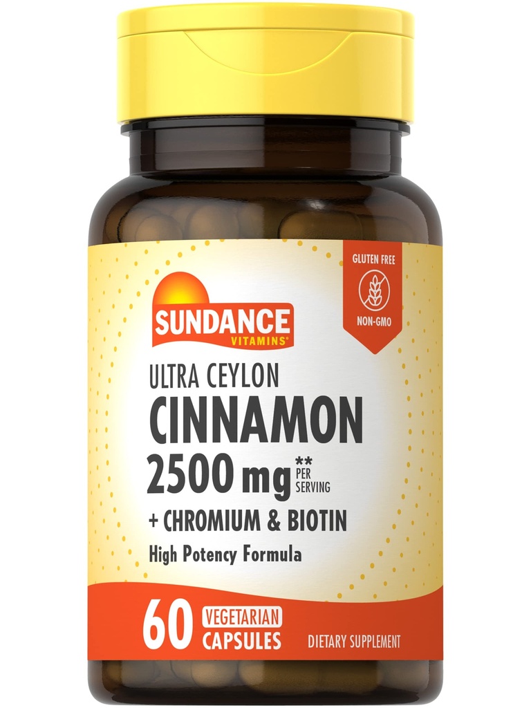 Sundance Ceylon Cinnamon kapslar 2500mg | 60 piller | med Chromium och Biotin | Vegetarian, icke-GMO och Gluten fri tillägg