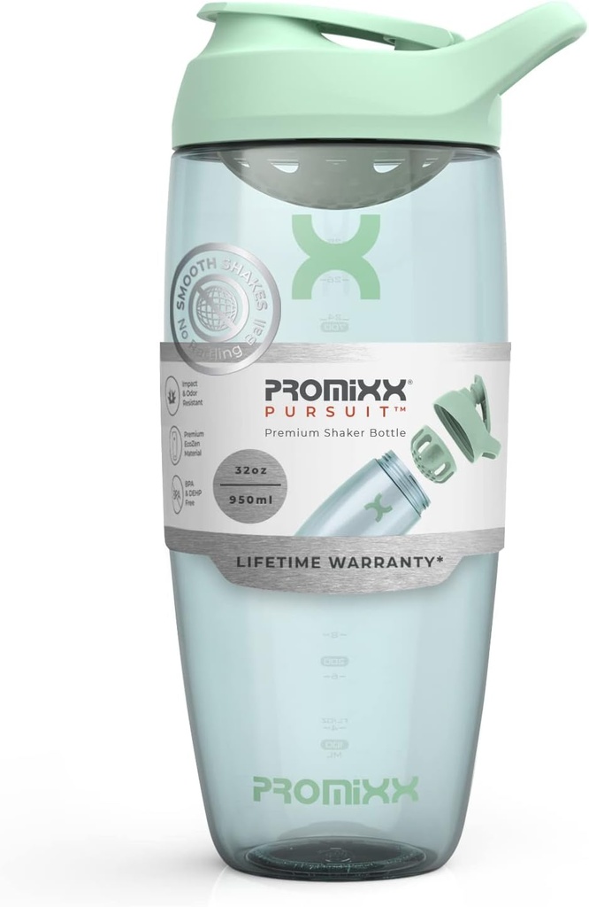 Promixx Pursuit Protein Shaker Bottle (32 oz) - Silent No-Ball Mixer, Leak-Proof Lid, BPA / BPS & Phthalate-Free ECOZEN - Easy-Clean Shaker Cup för Protein Shakes, Pre & Post-Workout Smoothies