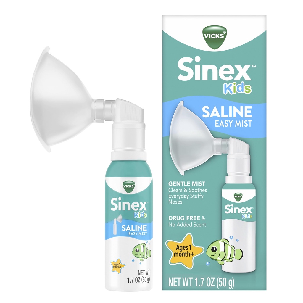 Vicks Sinex Kids Saline Easy Mist, Drug Free Saline, Ålder 1 månad +, Gently Clears och Soothes Everyday Stuffy Noses, Säker för daglig användning, 1.7 OZ