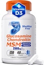 Glukosamin Chondroitin MSM + Vitamin D3 | Shellfish-Free Joint Support Supplement för mobilitet, flexibilitet och benhälsa | Icke-GMO, Gluten-Free, Soy-Free - 7-i-1 Formel för Män & Kvinnor