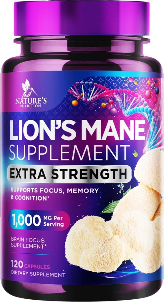 Lions Mane Mushroom Capsules 10,000mg - Lion's Mane Supplement Capsules for Memory and Focus Support, Brain, Immune Health Support, Vegan, Bottled i USA, Lions Mane Mushroom Powder Extract, 120 Count