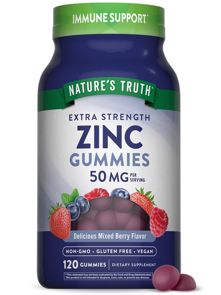 Naturens sanning Zink Gummies för vuxna | 50mg | 120 greve | Vegan, icke-GMO & Gluten fri tillägg | Mixed Berry smak