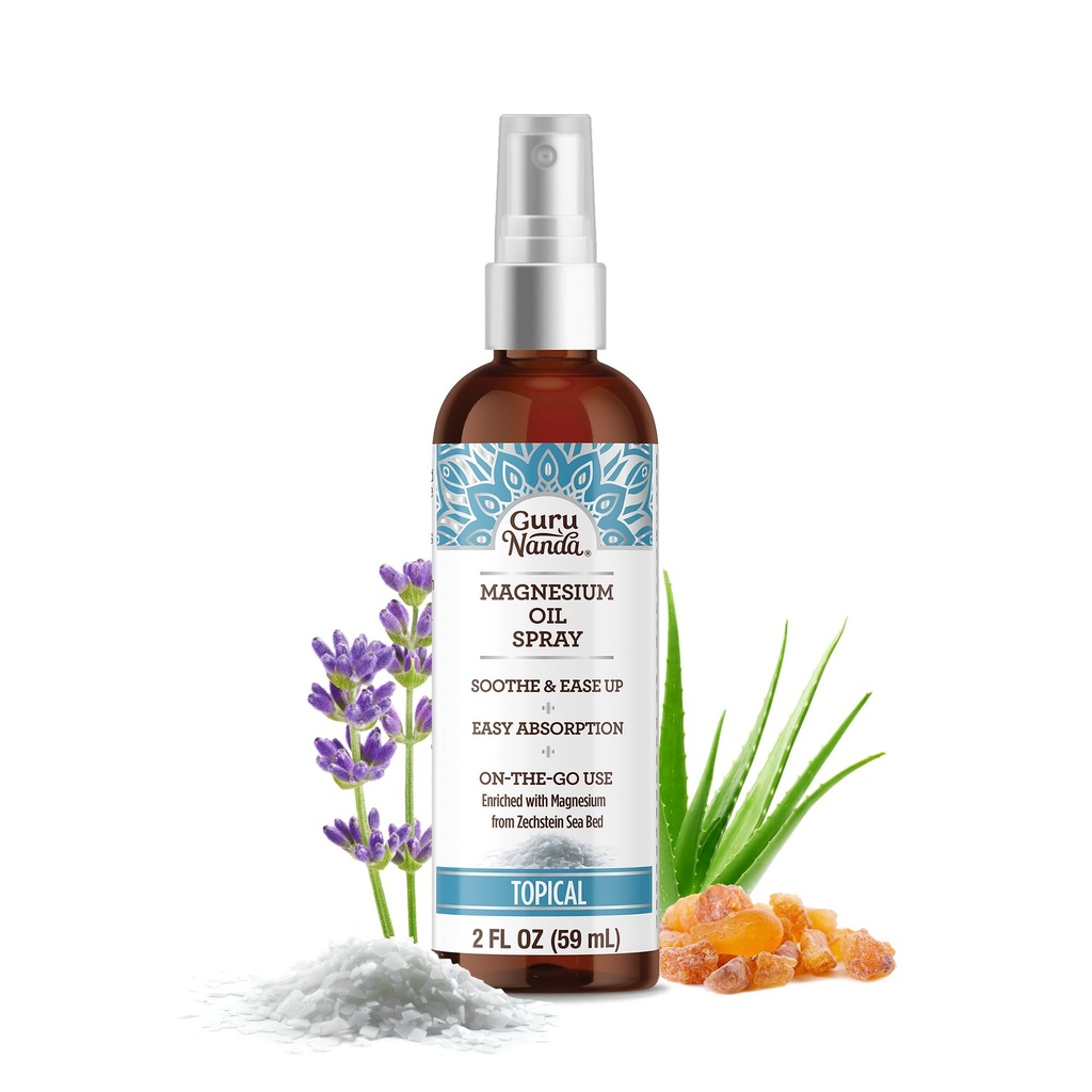 GuruNanda Magnesium Oil Spray (2 Fl Oz), Topical Magnesium Spray med naturliga essentiella oljor & Aloe Vera, Hjälper med Muscle Soreness & Relaxation, Cruelty-Free