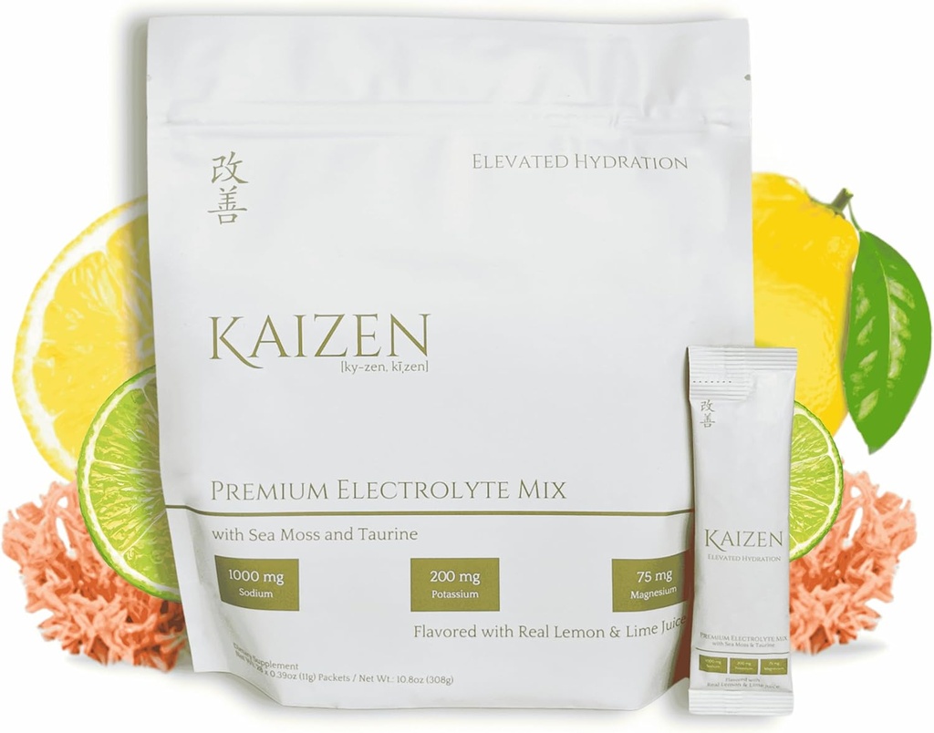 Kaizen Hydration - Premium Whole Body Hydration Drink - Energy, Focus, Wellness - Organic Electrolyte Mix with Irish Sea Moss, Taurine, Monkfruit Extract - Refreshing Lemon Lime Flavor - 8.88 oz