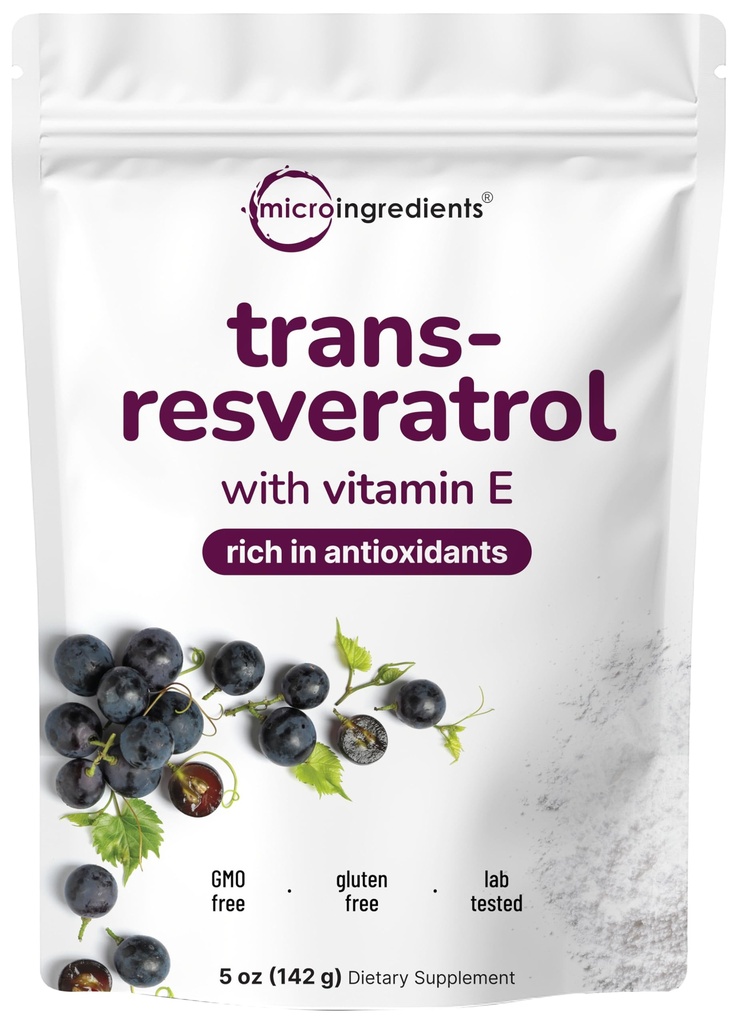 Rent trans-Resveratrolpulver med vitamin E, 5 Ounce, 2 i 1 Formel, Micronized Powder för bättre absorption, Premium Resveratrol Supplement, Super Antioxidant