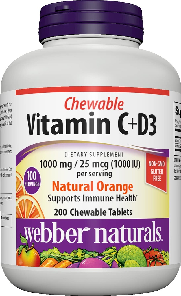 Webber Naturals Vitamin C + D3, 200 Chewable Orange tabletter, 1000 mg C-vitamin med 1000 IE av vitamin D3 Per Servering, ben, tänder, immun och antioxidantstöd, icke GMO, Dairy & Gluten Free