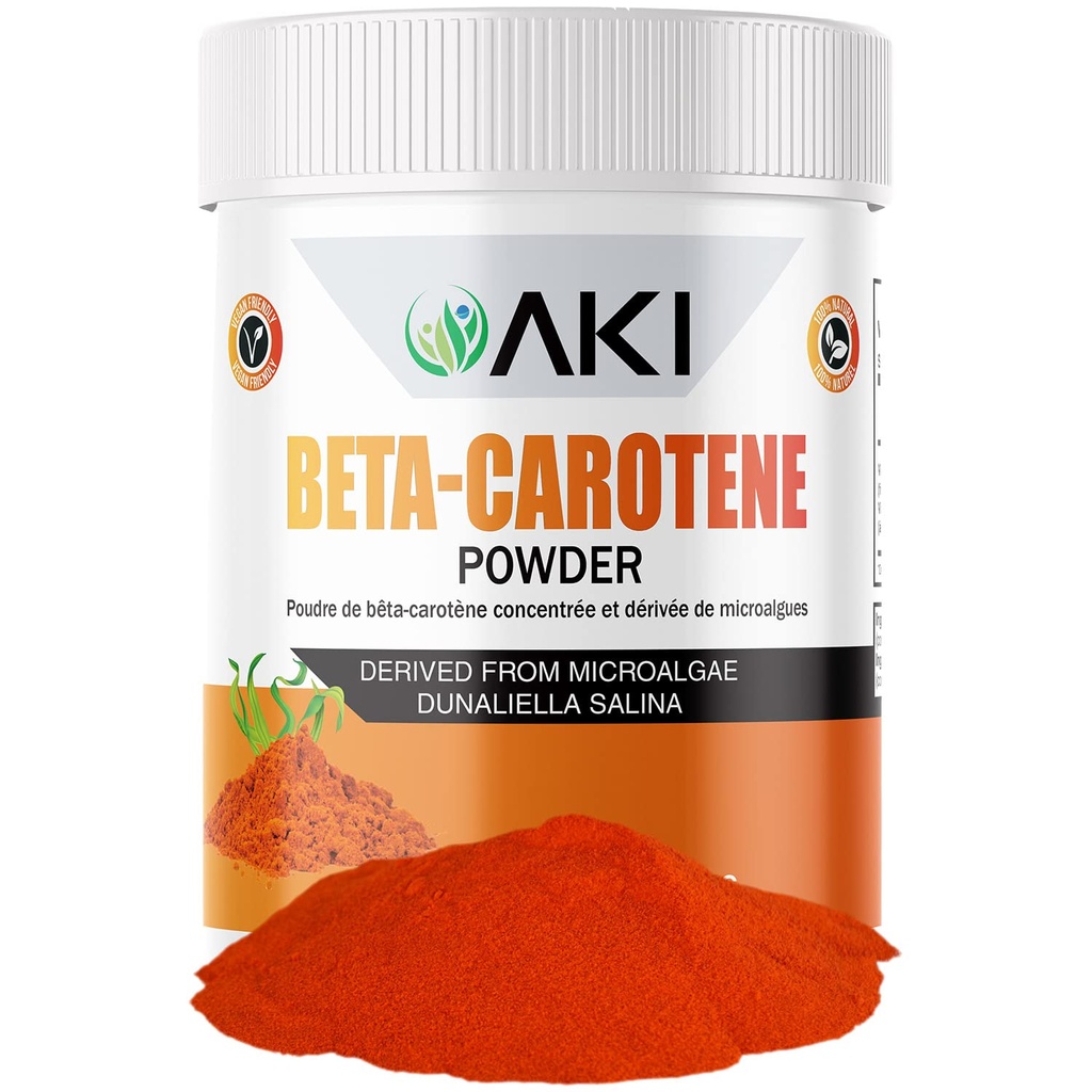 AKI Beta Carotene 10% pulver (1.5oz / 42.52g) Mycket koncentrerad arom Fount of Vitamin A, kan hjälpa till att stödja kroppsfunktioner, hud, immunsystem och ögon - GMO Free & Vegan Friendly