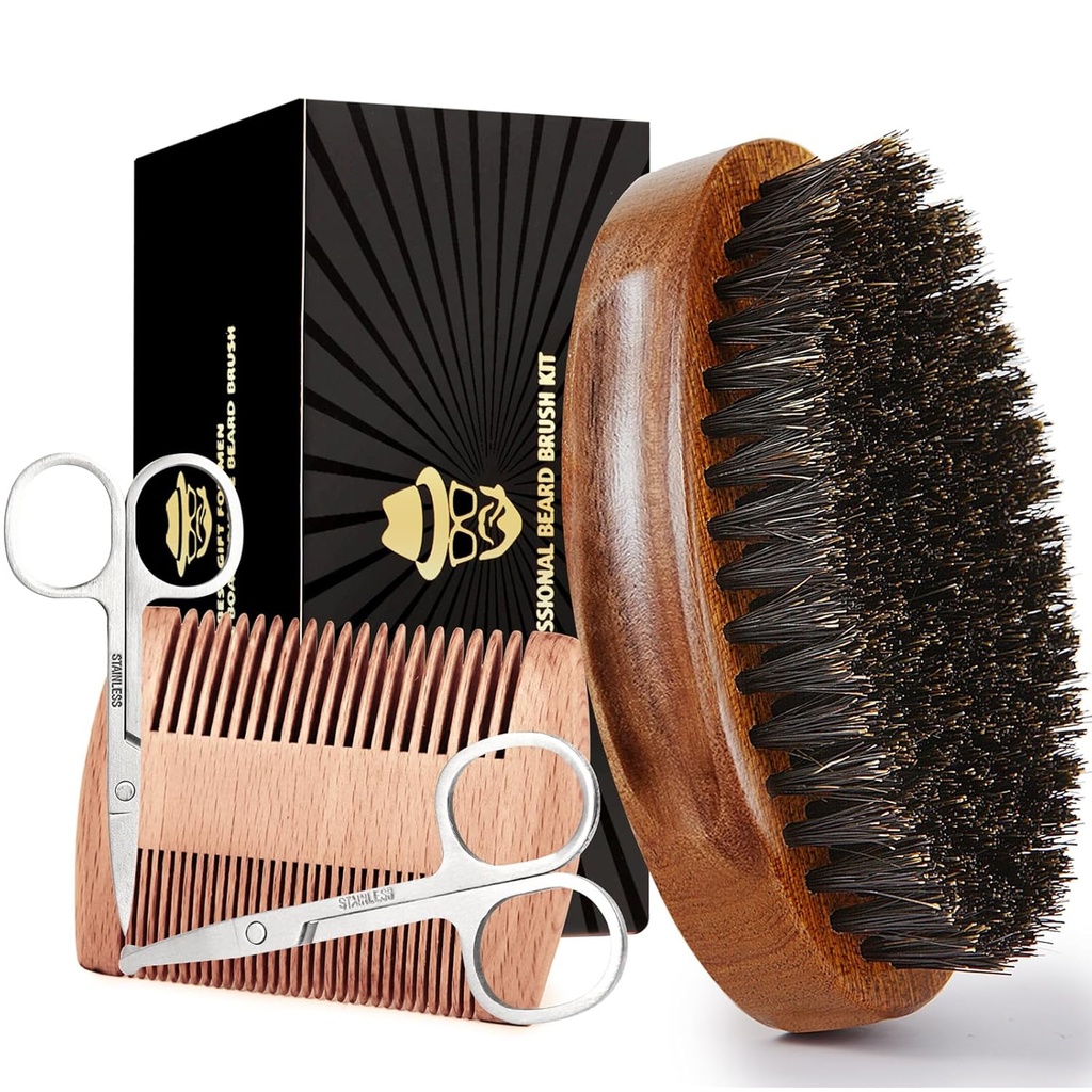 Sosoon Beard Brush för män, 100% Pure Boar Bristle Beard Brush, Beard Grooming Set inklusive Beard Comb, 2 Pcs Mustache Scissors och Travel Bag