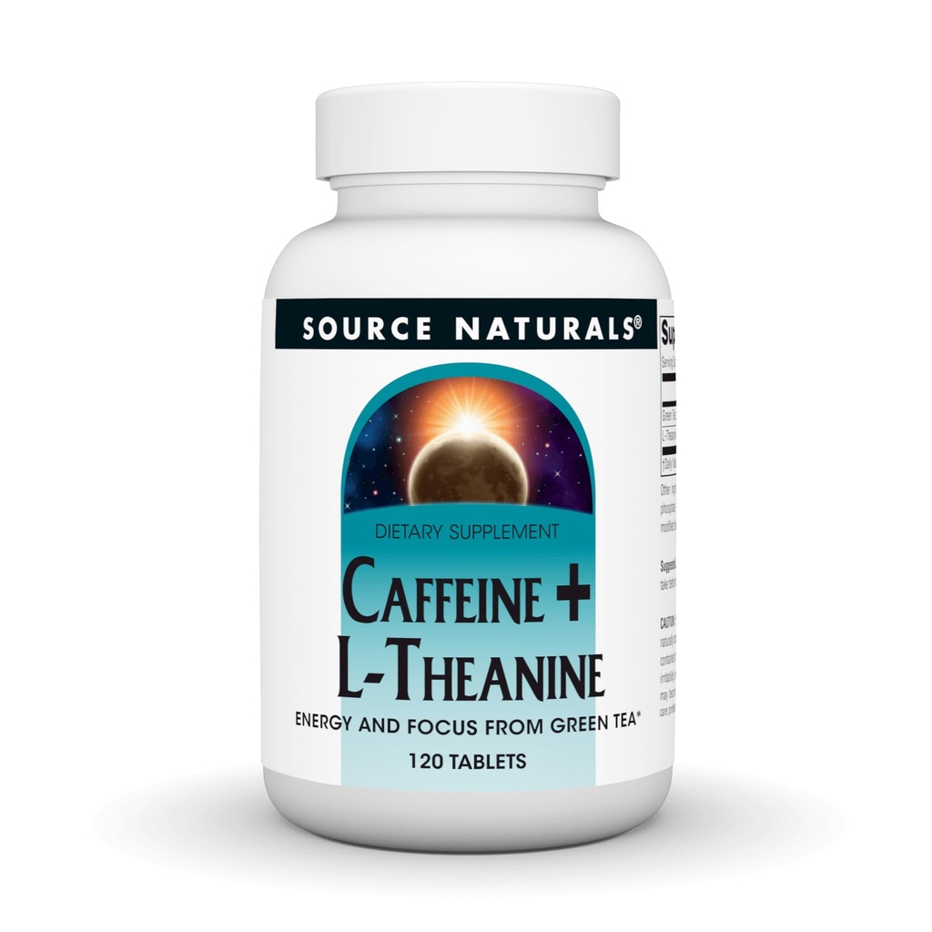Källa Naturals Koffein + L-Theanin, energi och fokus stöd från grönt te * - 120 tabletter