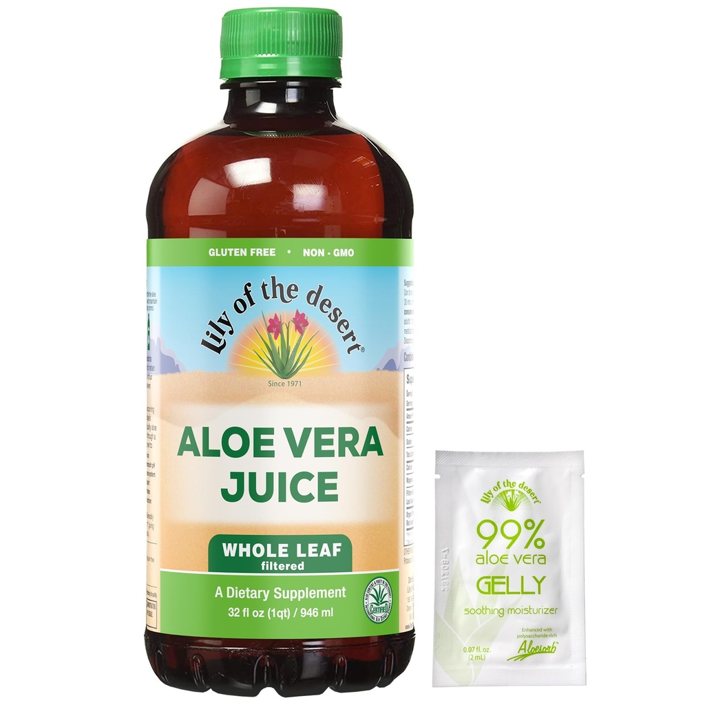 Lily of the Desert Aloe Vera Juice - Whole Leaf Filtered Aloe Vera Drink, Non-GMO Aloe Juice med Natural Digestive Enzymes for Gut Health, Stomach Relief, Wellness, Glowing Skin, 32 Fl Oz Gelly Sachet ingår