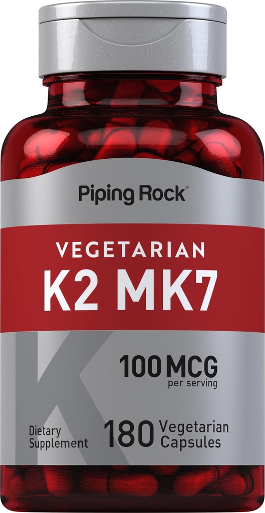 Piping Rock K2 MK7 Vitamin Supplement | 100 mcg | 180 vegetariska kapslar | för kvinnor och män | Non-GMO, Gluten Free