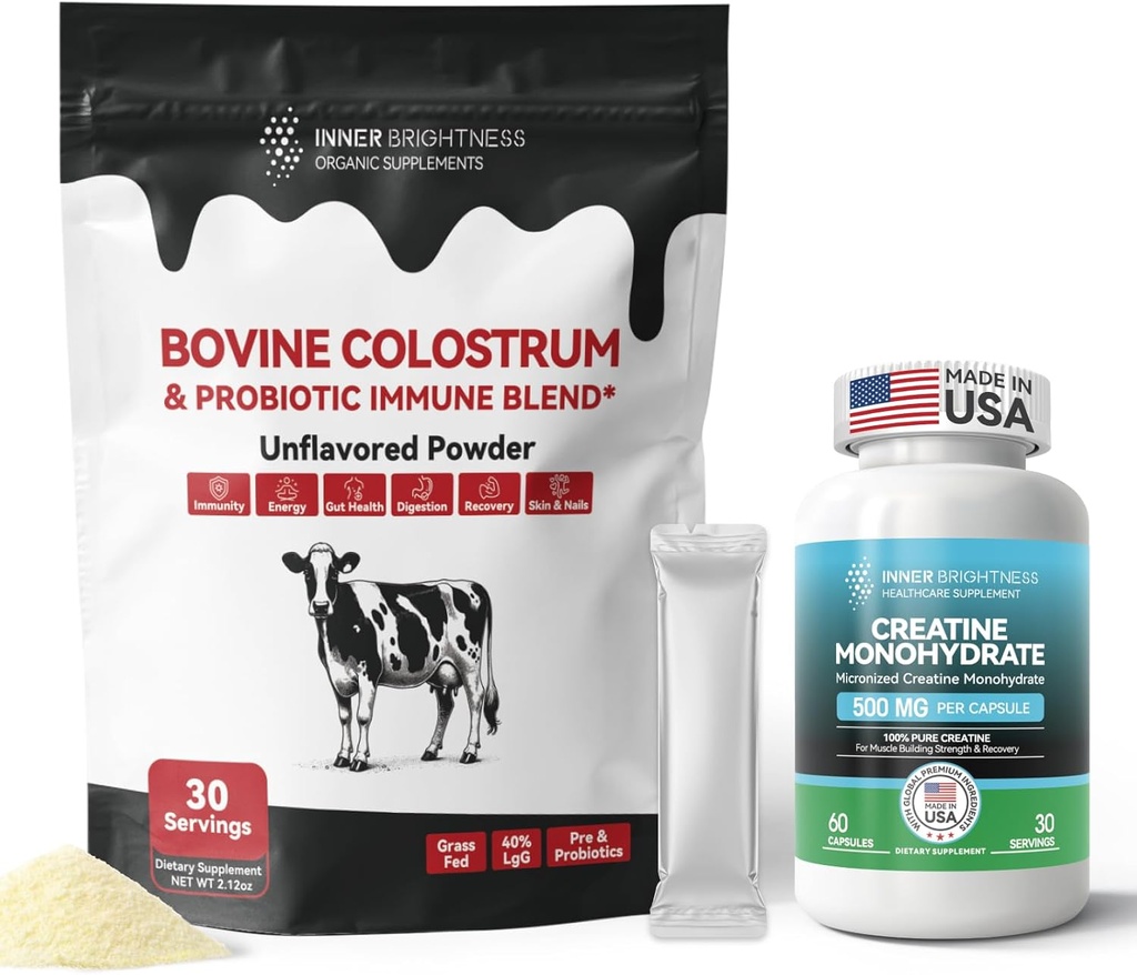 Colostrum Supplement Powder för Gut, Immune Health & Nutrient Absorption, 30 portioner + Kreatinmonohydratkapslar för muskelbyggare