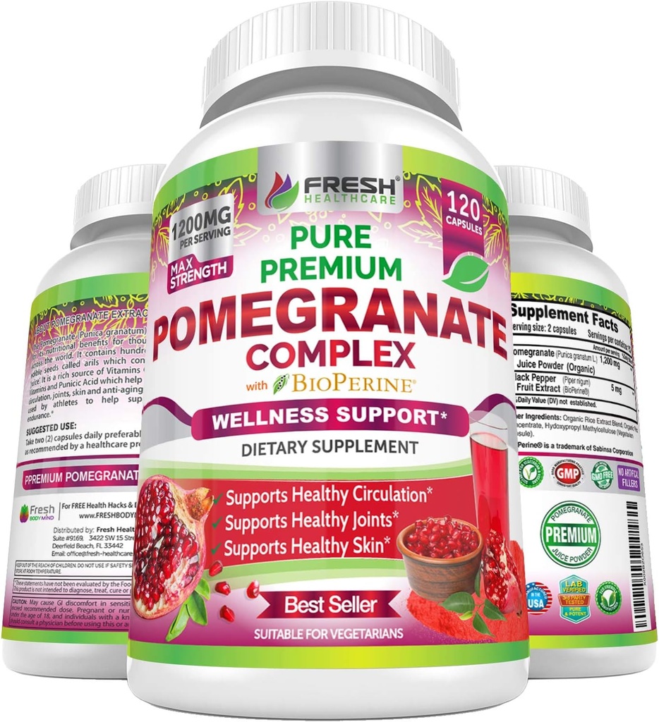 Premium Pomegranate Juice Powder Supplement 1200mg, Supports Healthy Blood Pressure, Joints, Skin & Anti Aging with Bioperine Black Pepper, Powerful Antioxidant with Vitamin C & K, 120 Vegan Capsules