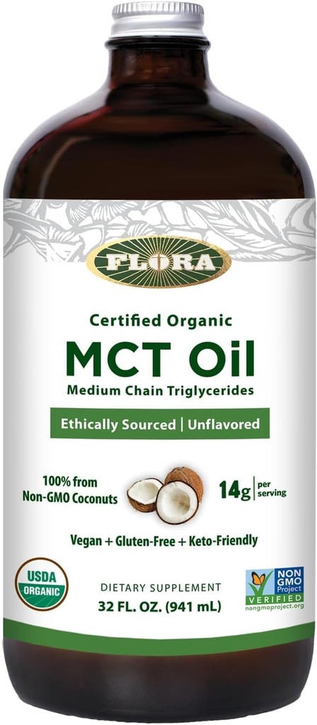 Flora - MCT Oil Certified Organic - Stöder Muscle Energy & Brain Health - Innehåller C8 Caprylic Acid & C10 Capric Acid - Non-GMO, Gluten-Free, Vegan & Keto-Friendly - 32 fl. oz. Glasflaskan