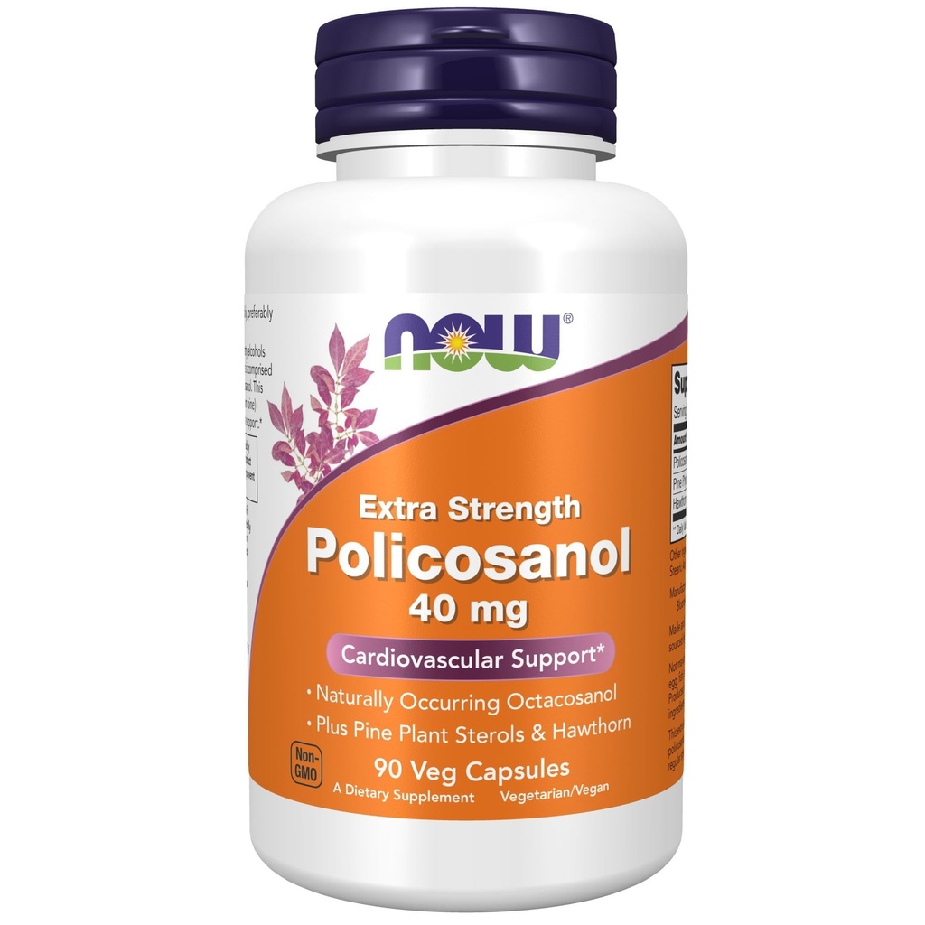 NOW Foods Supplements, Policosanol 40mg med Pine Plant Sterols och Hawthorn, Extra Strength, 90 Veg Capsules