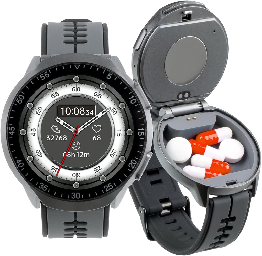 Smart Watch Pill Box, Fitness Smartwatch med Bluetooth Call for Men, Water Resistant Pill Organizer for Emergency, Pill Case for Emergency, Small Pill Container för Vitamin, Fish Oil
