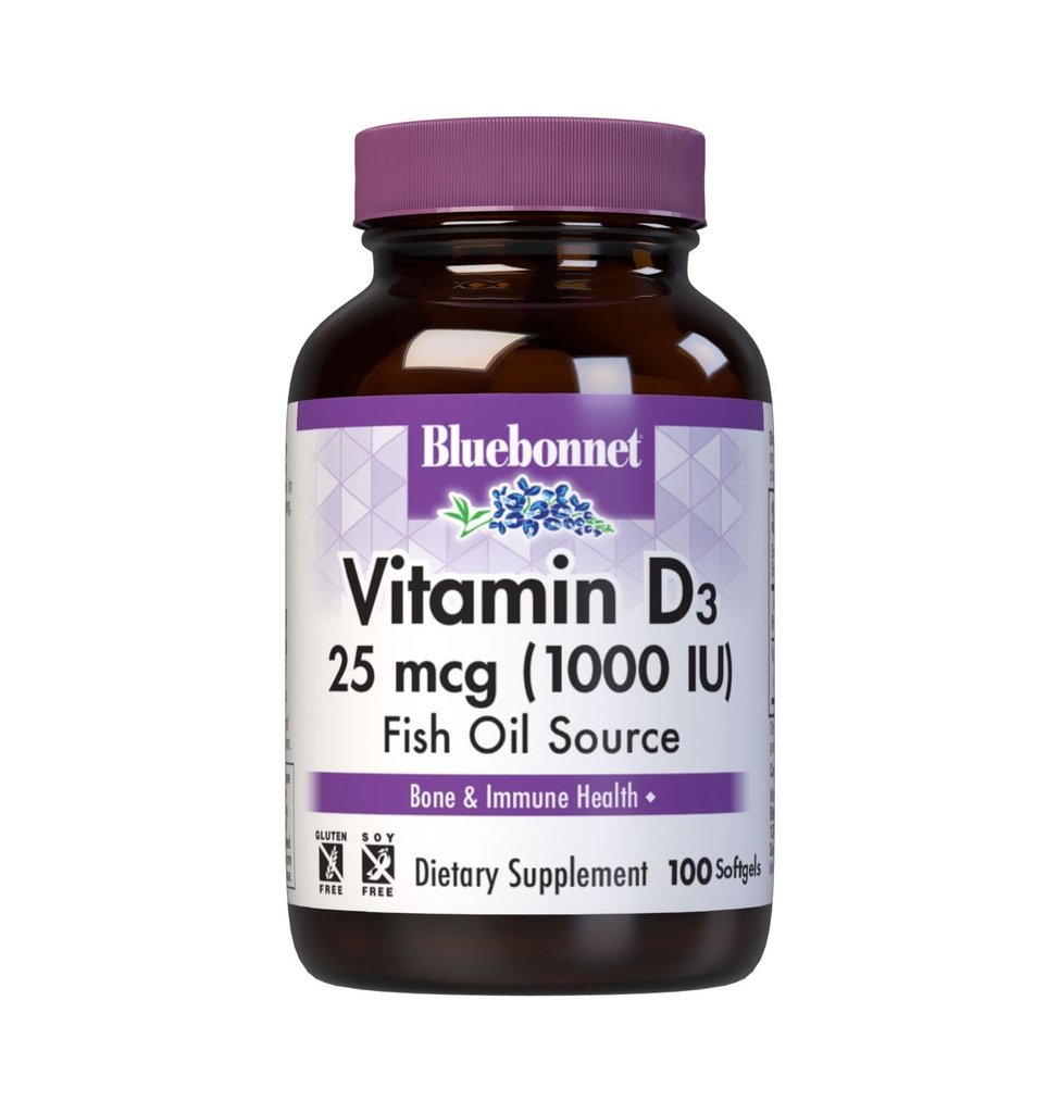 Bluebonnet Nutrition Vitamin D3 1000 IE Softgels, Aids in Muscle and Skeletal Growth, Cholecalciferol från Fish Oil, Non GMO, Gluten Free, Soy Free, Dairy Free, 100 Softgels
