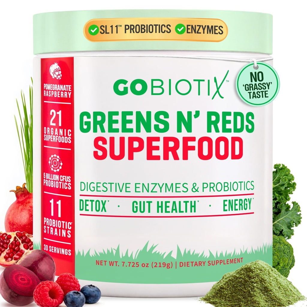 GOBIOTIX Super Greens and Reds Powder - Red and Green Superfood - Probiotisk tillskott - Digestive Enzymes och Beet Root Powder - Organic Whole Foods Dietary Supplement (Pom Raspberry, 1 Pack)