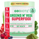 GOBIOTIX Super Greens and Reds Powder - Red and Green Superfood - Probiotisk tillskott - Digestive Enzymes och Beet Root Powder - Organic Whole Foods Dietary Supplement (Pom Raspberry, 1 Pack)