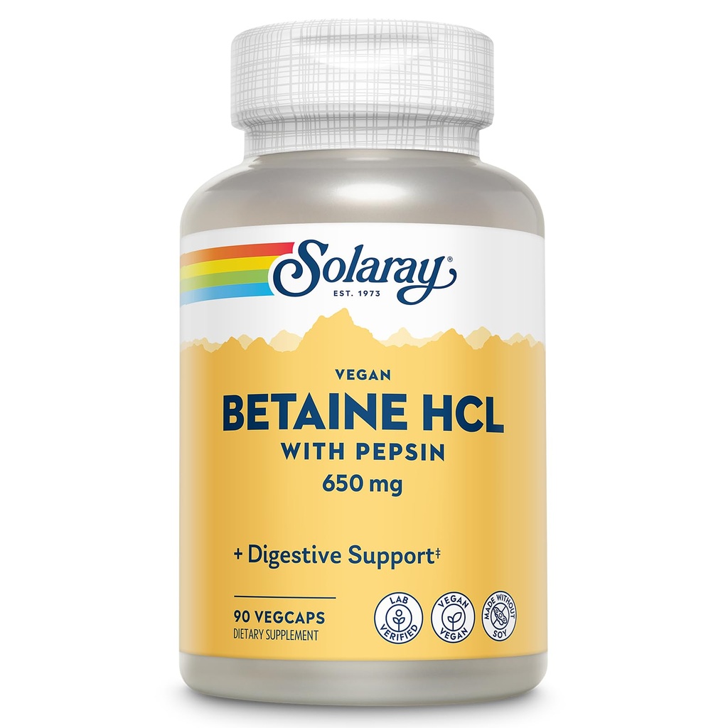 SOLARAY Vegan Betaine HCL med Pepsin - Hydrochloric Acid Supplement för Digestive Health - med Betaine Hydrochloride och Digestive Enzymes - Gut Health Support - 60-dagars garanti, 90 VegCaps