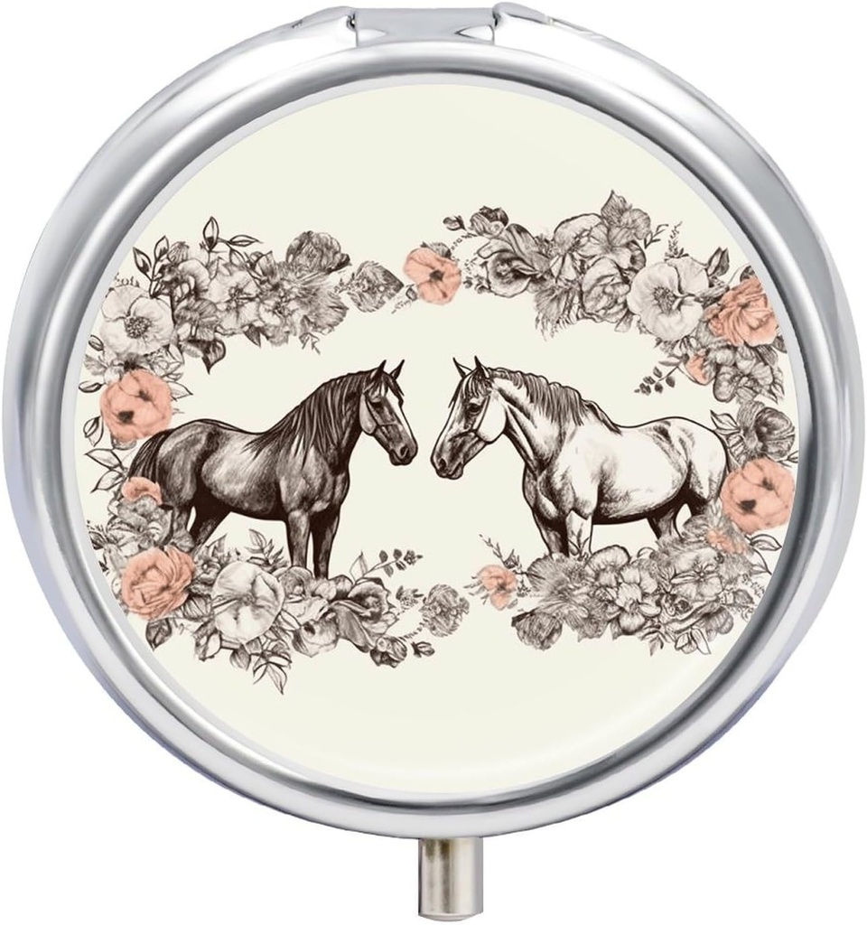 Round Metal Pill Box, blommor och hästar Hand Drawn Printed Travel Pill Organizer Portable Pill Container Small Pill Box för väska och ficka för att lagra vitaminer, mediciner och kosttillskott