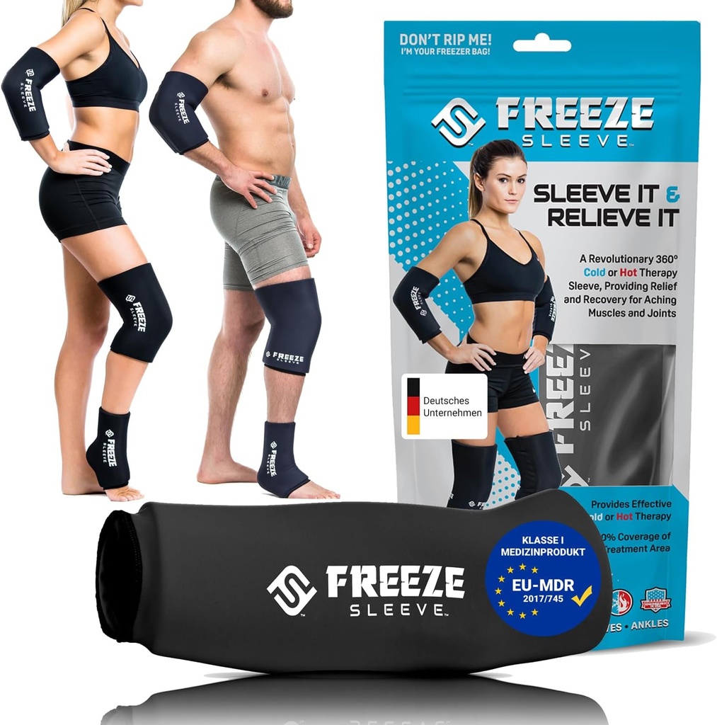 FreezeSleeve Ice & Heat Therapy Compression Sleeve- Återanvändbar, Flexibel Gel Hot / Cold Pack, 360 Coverage för Knee, Elbow, Ankle, Wrist- Black, X-Small