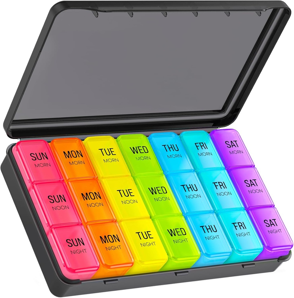 Stor Pill Organizer 3 gånger om dagen, Weekly Pill Box 7 Day med Black Outer Case för integritetsskydd och ljust bevis, användarvänligt och bärbart pillerfall för vitaminer, fiskoljor, tillskott