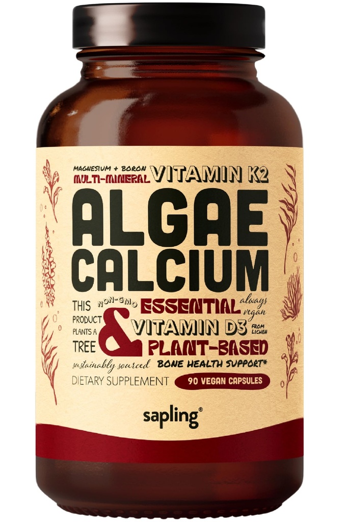 Kalciumtillskott - Hel mat med vitamin K2 & D3, Magnesium, Zink, Boron, mineralkomplex. Källa hållbart från Red Algae. för benstyrka och stöd. Icke-GMO & Vegan 90 kapslar.