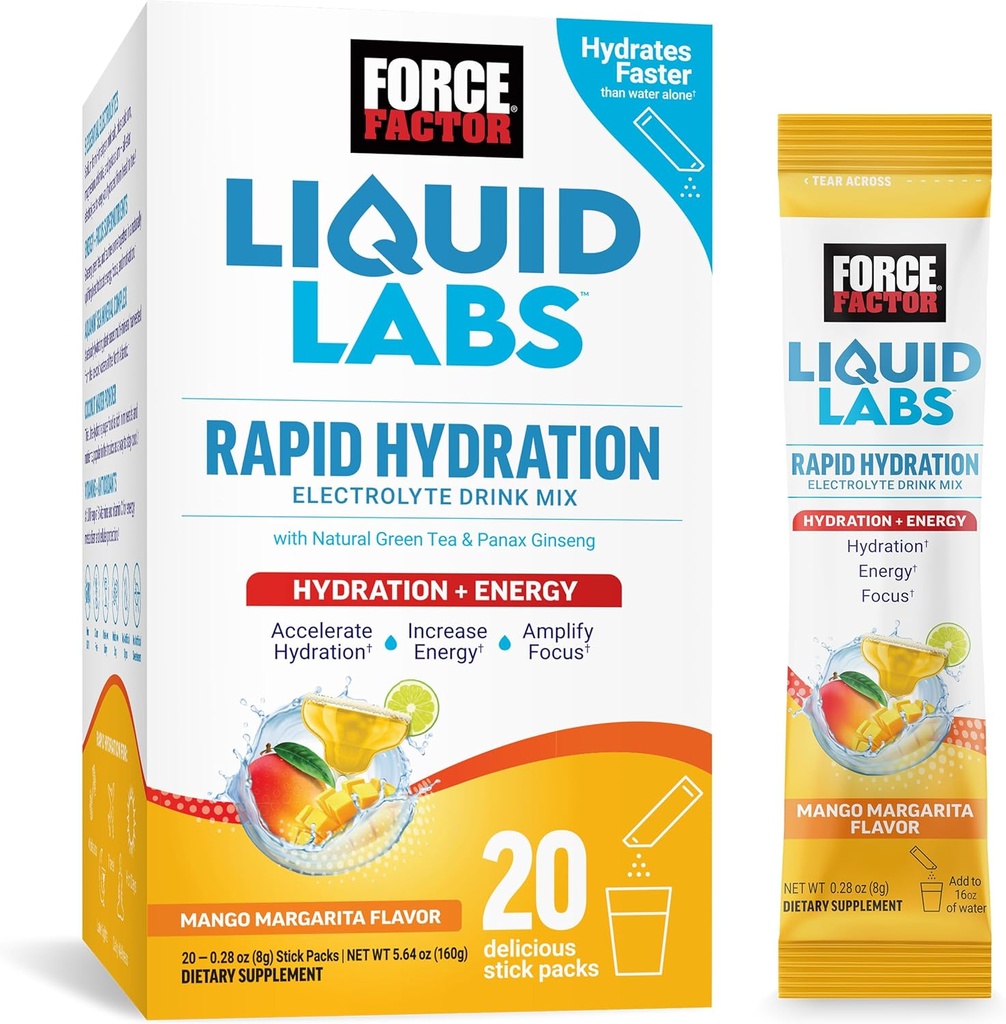 Force Factor Liquid Labs Electrolytes Powder Packets-Mango Margarita-Energy Hydration Packets för att göra elektrolytvatten med 5 Essential Electrolytes, vitaminer, mineraler och antioxidanter, 20 Stick Packs
