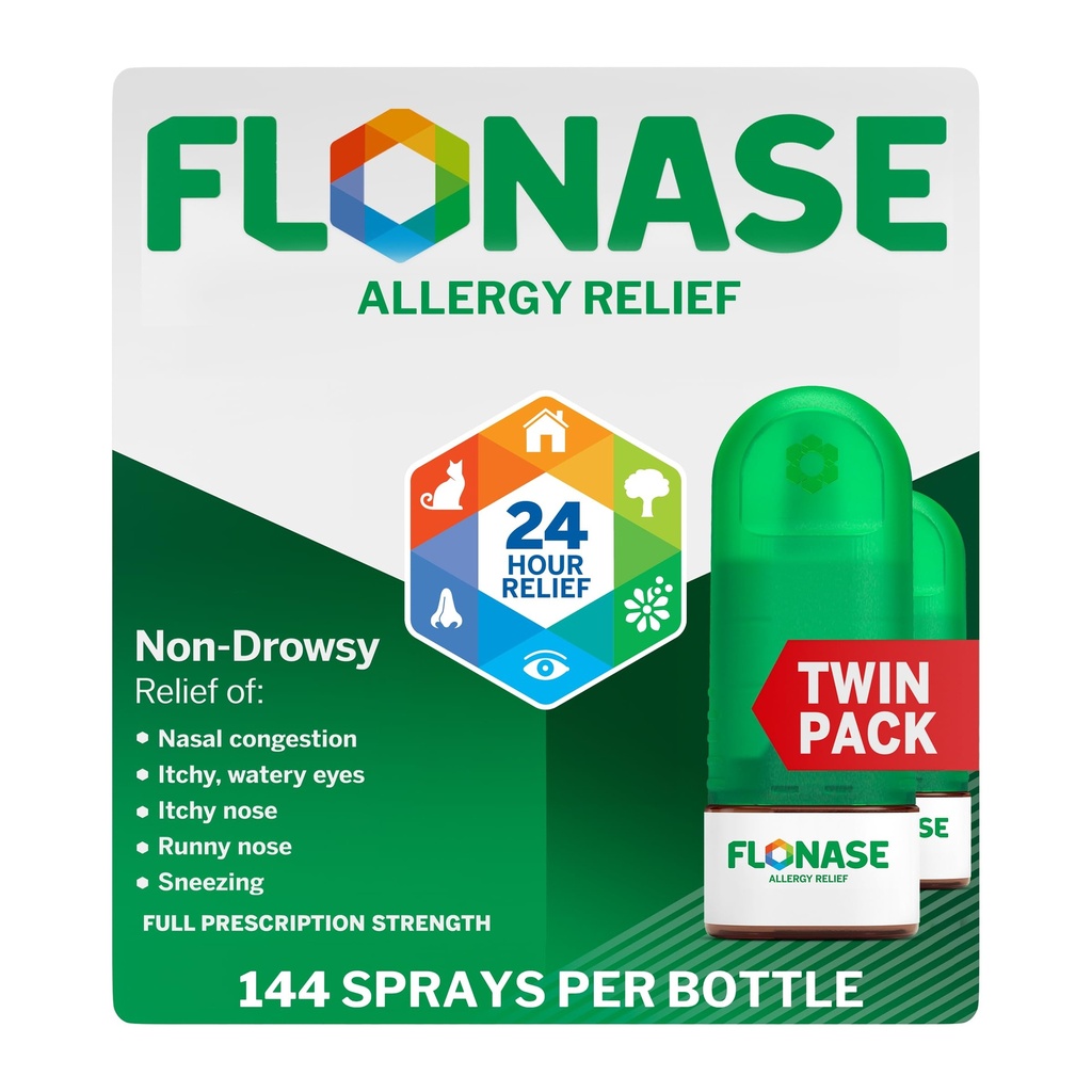 Flonase Allergy Relief Nasal Spray, 24 Hour Non Drowsy Allergy Medicine, Metered Nasal Spray - 144 Sprayer (Pack of 2) - Fall och Seasonal Allergy Relief