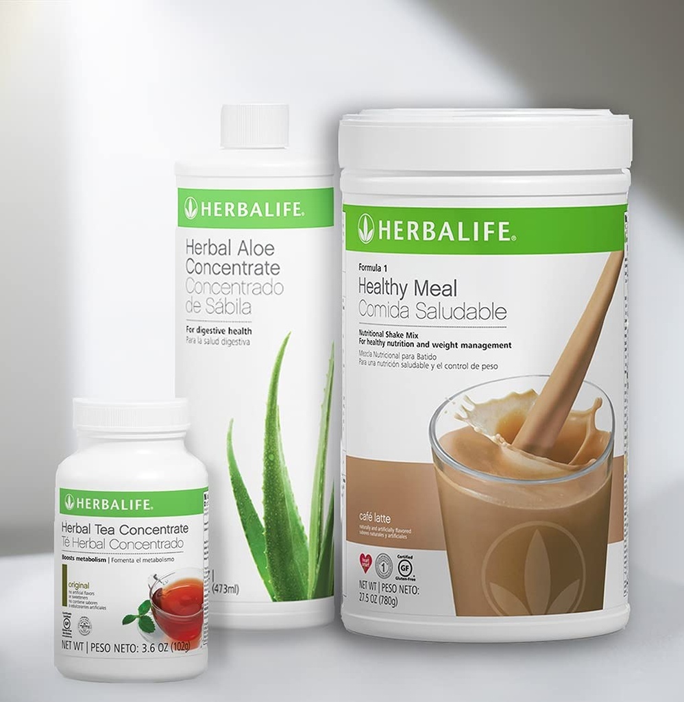 Trio Combo HERBALIFE Formel 1 Healthy Nutritional Shake Mix (Cafe Latte 780g) - Herbal Aloe Concentrate Pint (Original 473ml) - Herbal Tea Concentrate (Original 102g)