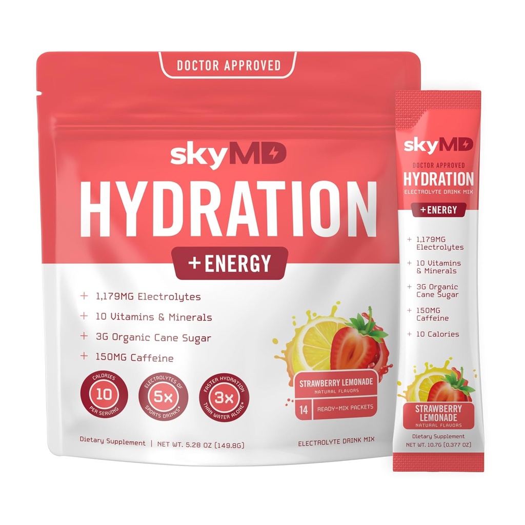 SkyMD Hydration + Energi | Electrolytes Powder Packets | Låg socker, natrium, 10 kalorier | 10 vitaminer och mineraler | 150g koffein för ökad fokus och prestanda | Strawberry Lemonade | 14 Sticks
