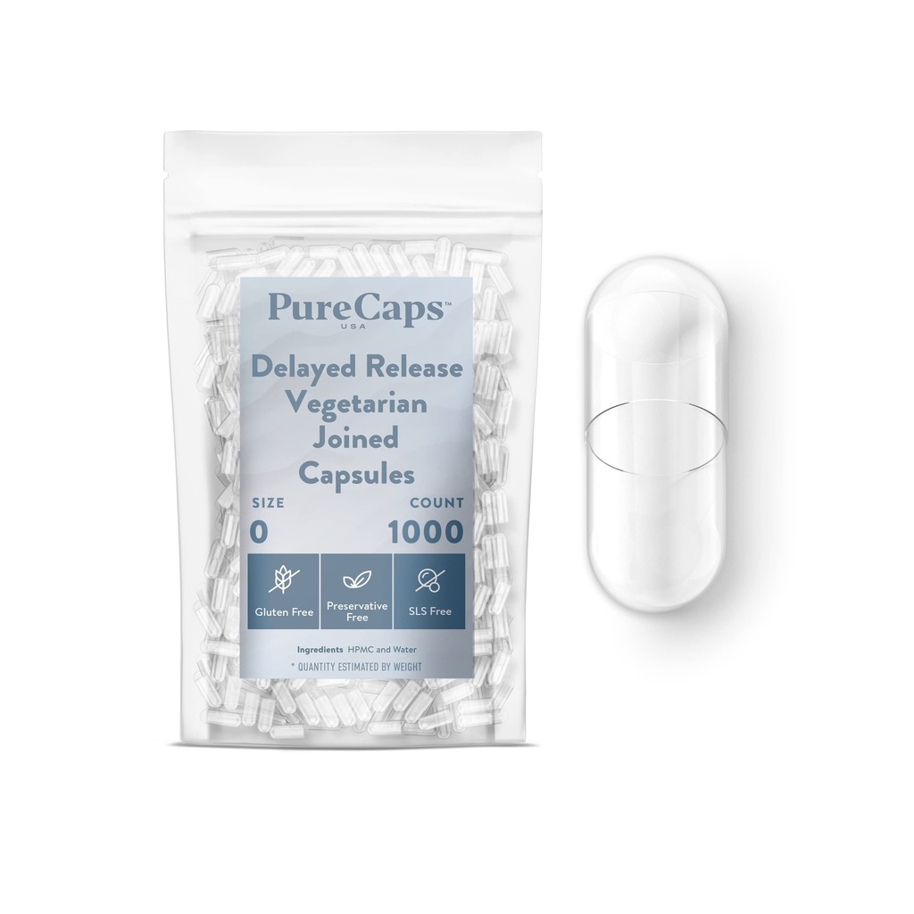 PureCaps USA - Empty Vegetarian Vegan Pill Capsules Storlek 0| 1000 Joined Pills| Clear| Non-GMO Certified| SLS, Gluten, Preservative Free