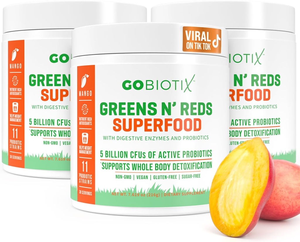 GOBIOTIX Super Greens and Reds Powder - Red and Green Superfood - Probiotisk tillskott - Digestive Enzymes och Beet Root Powder - Organic Whole Foods Dietary Supplement (Mango, 3 Pack)