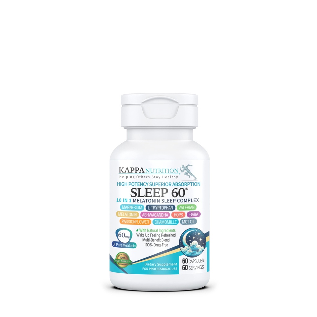 KAPPA NUTRITION Sömn 60, Sömnhjälp, 60 mg Melatonin, 60-dagars leverans, Icke-Habit Forming Vegan Capsules Naturliga Ingredienser för enklare sängtid, Herbal Supplement, Valerian Root, Chamomile Non-GMO