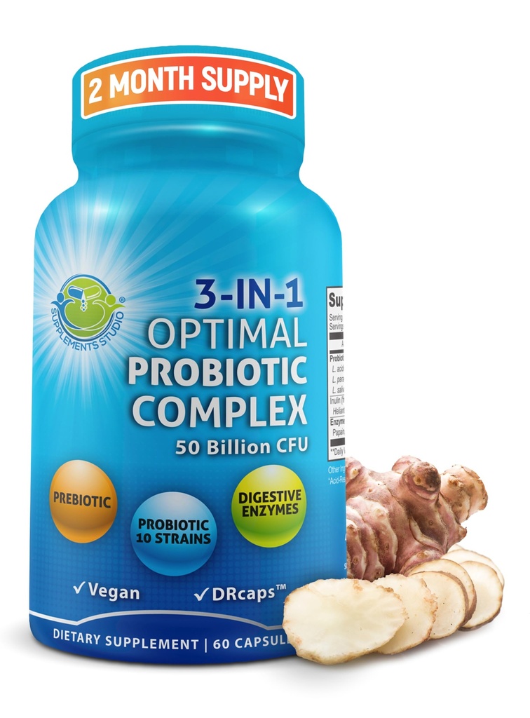 Probiotika med Digestive Enzymes och Prebiotic för kvinnor och män - 3-i-1 Vegan Probiotic Prebiotic Multi Enzyme Complex för Gut Health - Maximal Absorption Försenad frisättning Capsules