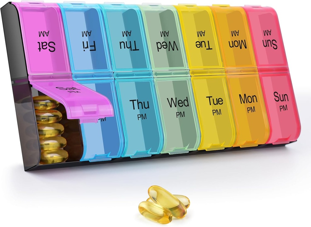 GREENCYCLE Extra Large Weekly Pill Organizer 2 Times A Day,7 Day Pill Box AM PM Medicine Planner Dispenser Case med XXL Compartment Home Pill Container för vitaminer Fiskoljetillskott (Rainbow)