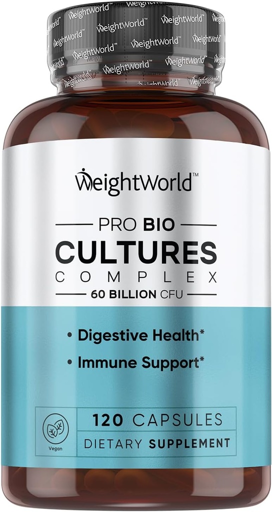 WeightWorld Bio Cultures Complex - Probiotic för kvinnor och män - Tredjepartslabb Testade - 120 Vegan kapslar (2 månaders leverans) - 60 miljarder CFU med 20 probiotiska stammar - Vegan, icke-GMO & Gluten-Free