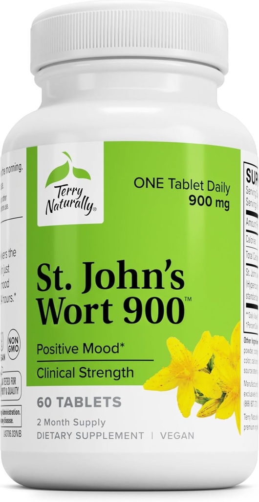 Terry Naturally St John's Wort 900-60 tabletter - Ger fullständig klinisk dos - Icke-GMO, Vegan, Glutenfri - 60 portioner