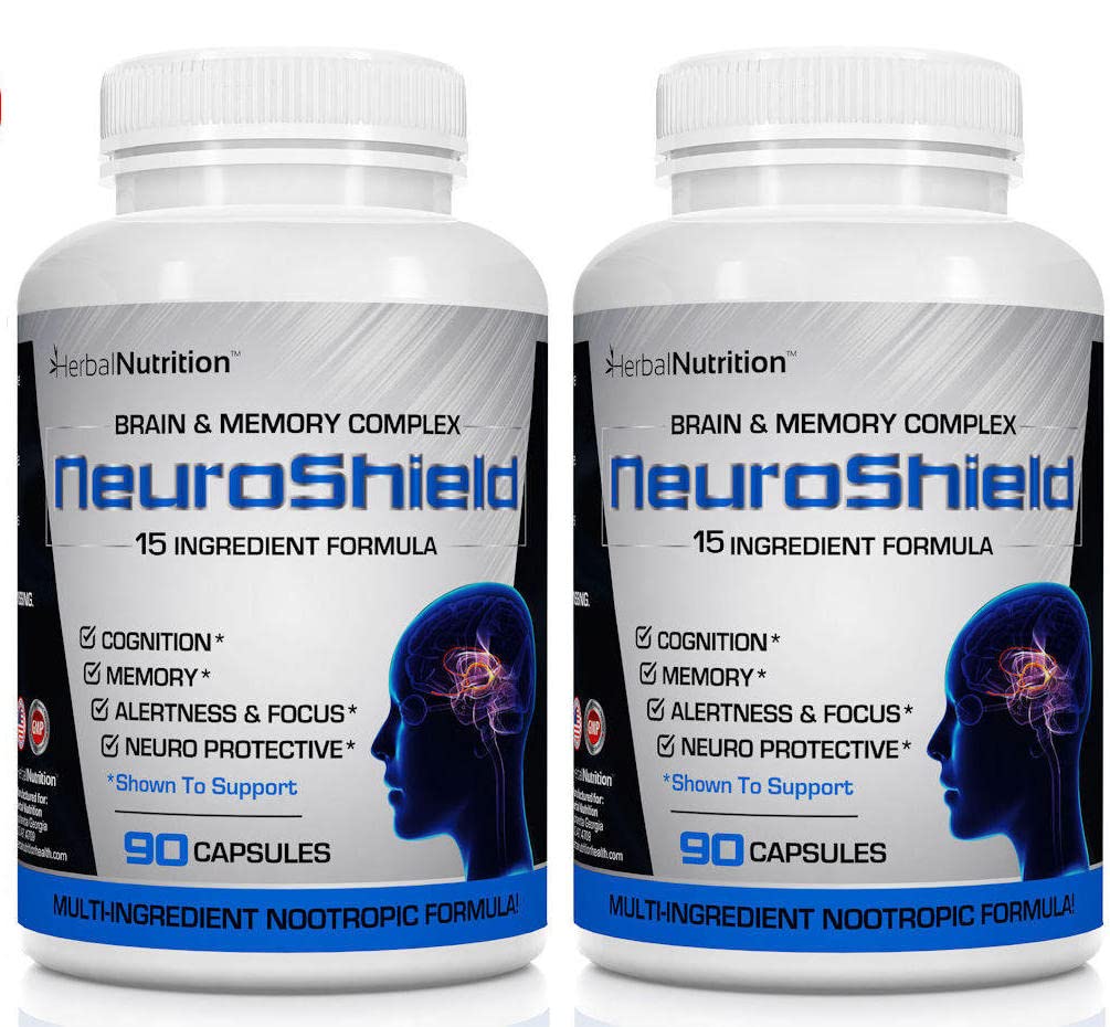 NeuroShield, Brain Supplement en Nootropic Brain Booster och Memory Supplement, innehåller Huperzine A, Ginko Biloba, Bacopa Plus Antioxidanter för hjärnhälsa, Multi-Ingredients, 2 flaskor, 180 kapslar