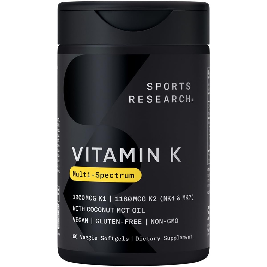 Sportforskning Vitamin K Multi-Spectrum - Tre typer av vitamin K: K1, K2 MK-4 & K2 MK-7 - Vegan Friendly, Plantgel Capsule - 60 mjukgels