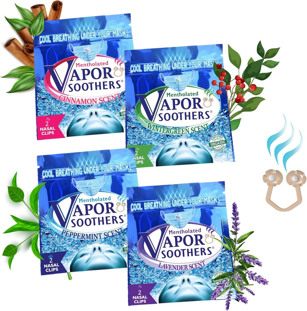 Nasal Dilator Clips, Cool & Easy Breathing Under din mask, 4-Scent Variety Pack (Peppermint, Wintergreen, Cinnamon, Lavender), 8 greve, omedelbar Nasal Congestion Relief, Drug-Free