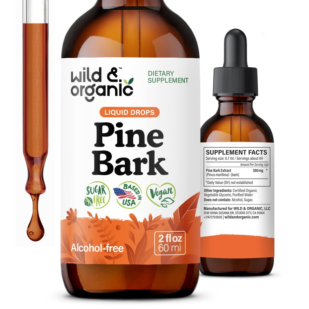 Wild & Organic Pine Bark Extract Tincture - Antioxidant Support - Pinus Pinaster Supplements - French Maritime Bark Liquid Drops - 2-månaders Supply - Vegan, Alcohol & Sugar-Free - 2 fl oz
