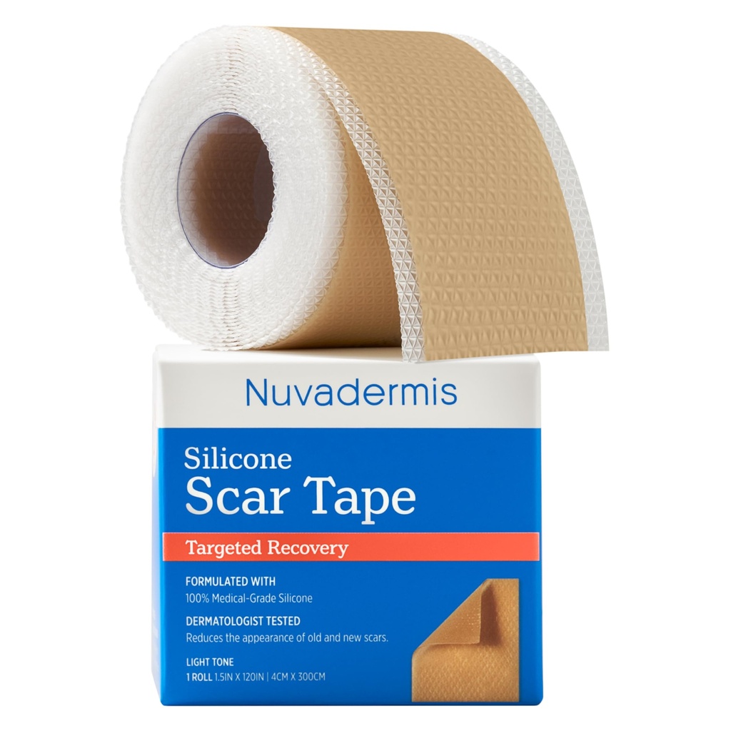 NUVADERMIS Silicone Scar Tape för kirurgiska Scars - 120 "x 1.5" Roll - Medicinsk Grade Scar Tape för rynkor, kirurgiska Scars, Keloid Scars och Hypertrophic Scars - Återanvändbara Scar Sheets Roll - 1 Pack