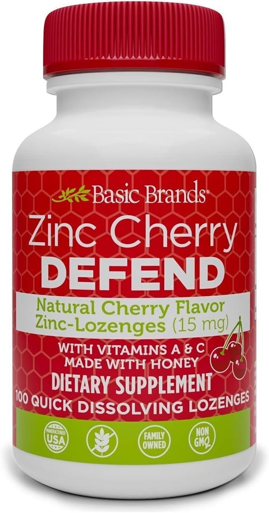 Grundläggande varumärken - Zink Cherry Defend - 100 Lozenges - Natural Cherry Flavor Zinc-Lozenges - Immune Boost, Cold Relief, Non-GMO, Zink Acetate & Vitamin C - 2-Pack