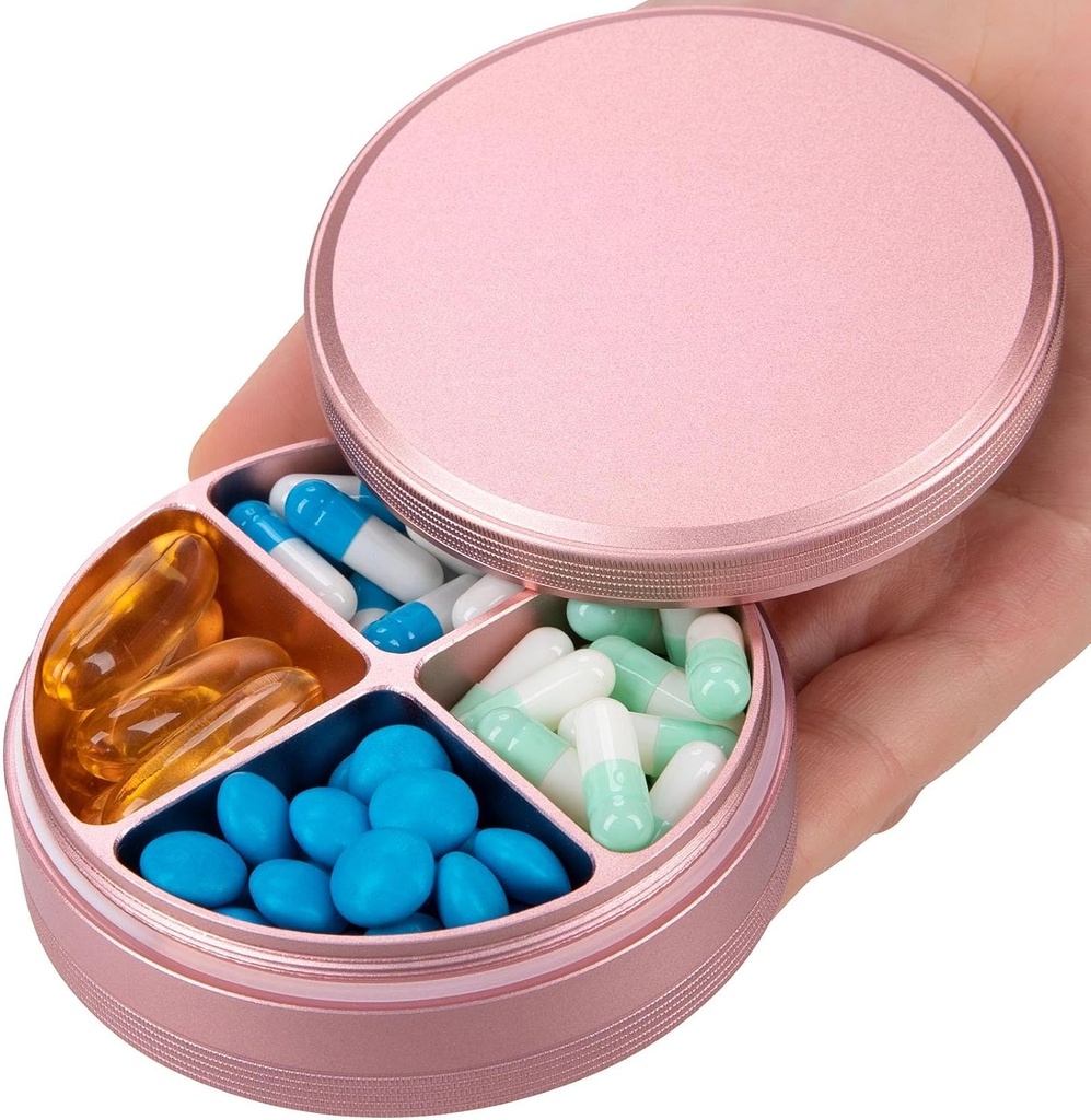 Metal Pill Organizer 4 Compartments - Portable Travel Pill Case Daily, Vattentät Pill Box för väska, Compact Pill Holder Medicine Container Dispensers för Vitamin Cod Liver Oil Supplement Pink