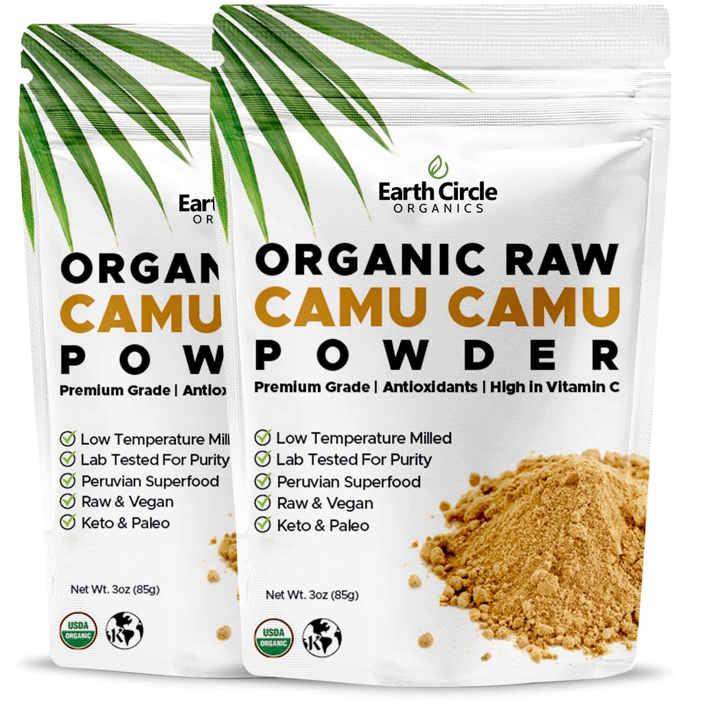 Earth Circle Organics Camu Camu Powder – Organic Raw Berry Powder with Natural Vitamin C & Antioxidants – Vegan, Kosher, Non-GMO Superfood for Immunity & Energy – 3oz (Pack of 2)