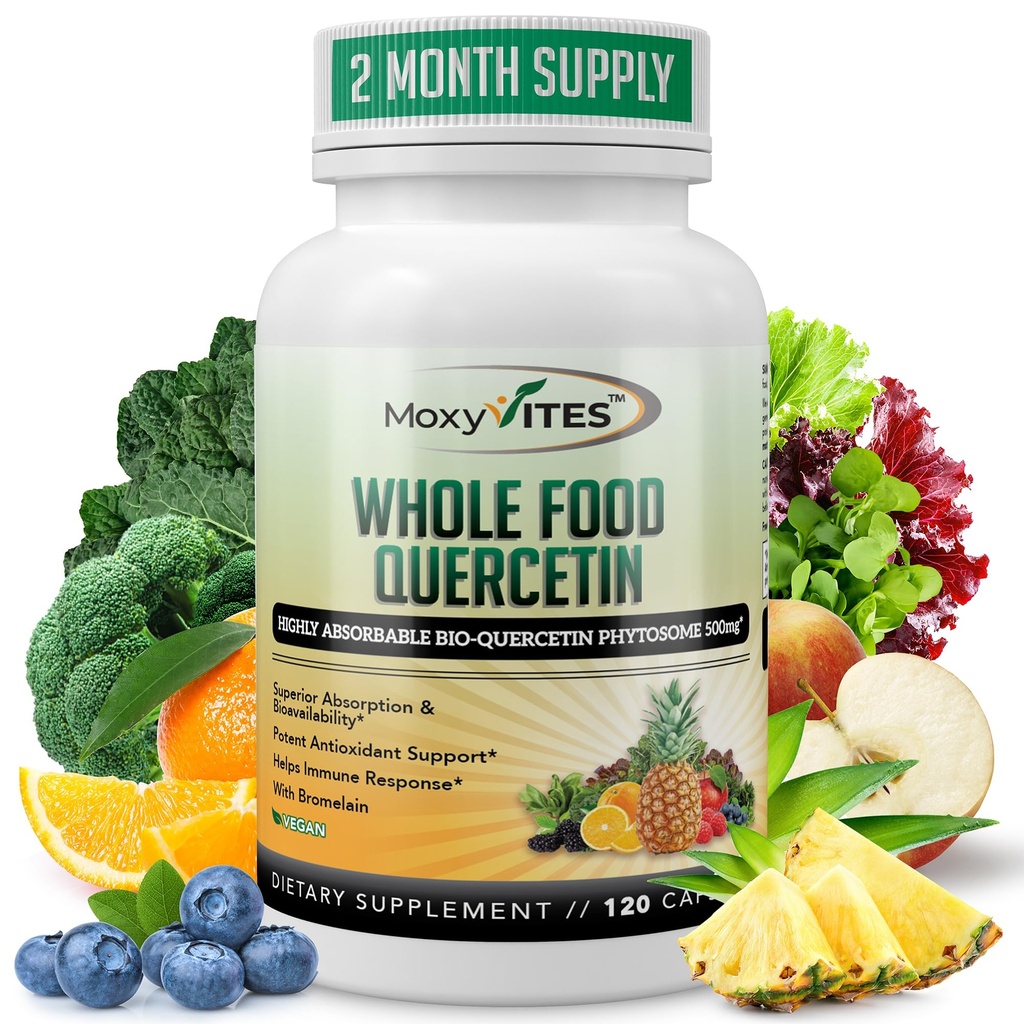 MoxyVites Quercetin med Bromelain 500mg Supplement - Bioaktiv fytosomkomplex, ren organisk hela livsmedelssäsongsstöd, antioxidant, 20X Absorption & Bioavailability-120 Caps